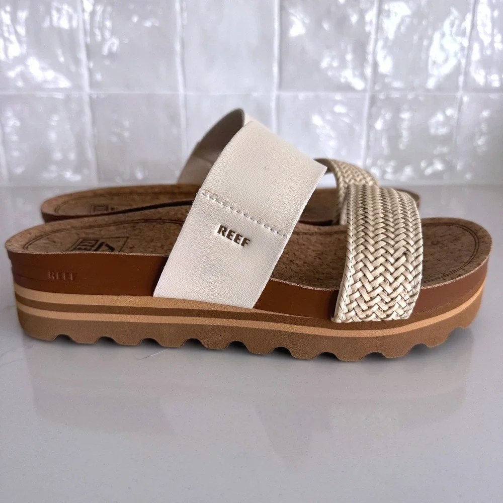 Reef Cushion Vista Hi Sandals Women 6 Cream Woven Cork Platform Slide Wedge